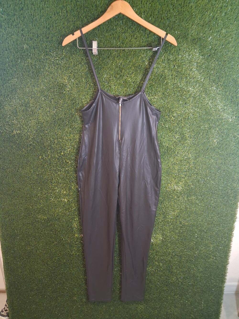 NWT Love University Black Faux Leather Jumpsuit Women's XL Zipper Front Bodycon